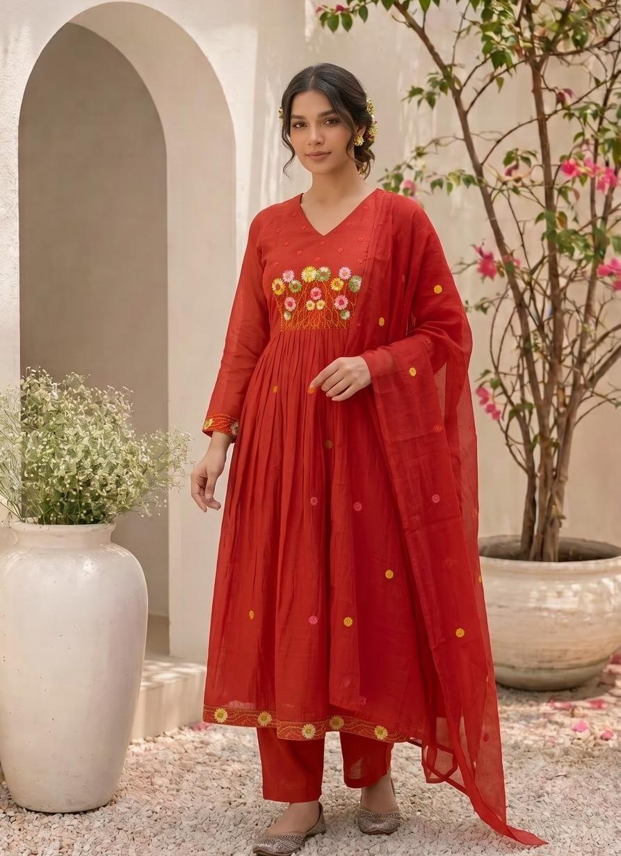 Pretty mulchanderi fully embroidered suit set in orange