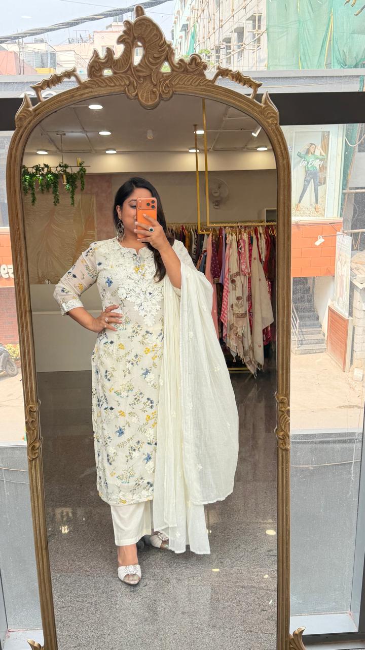Pure Mul cotton lining chikankari suit set in white