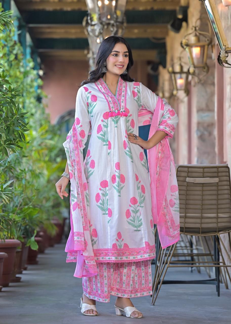 Wow cotton A line block print Anarkali lining suit set– Aashvi Couture