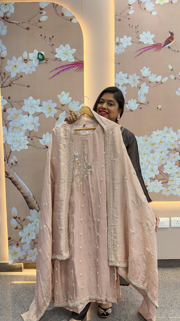 Restocked premium tissue with pearl detailing suit in blush pink ( true to size )