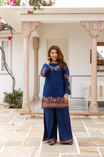 Pretty slub cotton embroidered plazzo set in royal blue