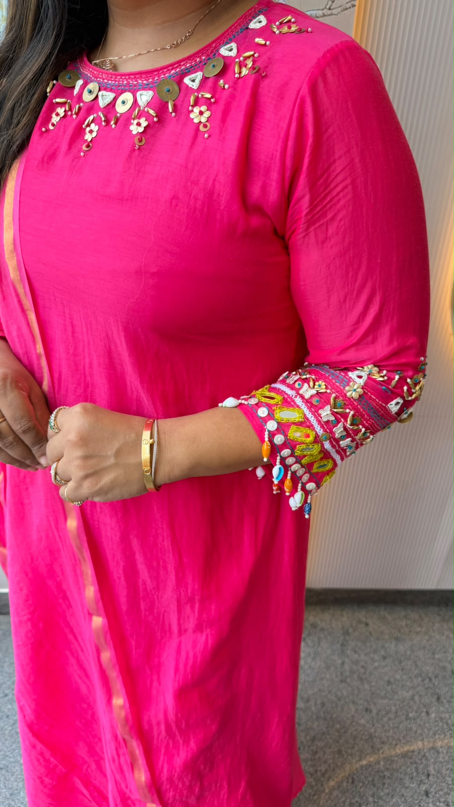 Super pretty handwork Mul chanderi suit set in pink
