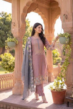 Premium Mul chanderi applique suit set in onion pink