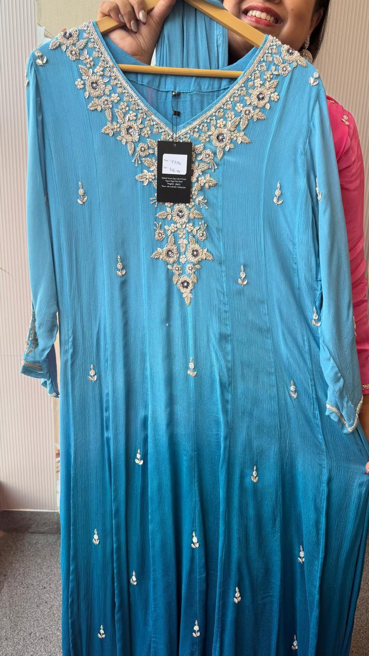 Pure chinon ombre full handwork gorgeous Anarkali suit set in blue