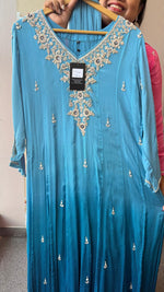 Pure chinon ombre full handwork gorgeous Anarkali suit set in blue