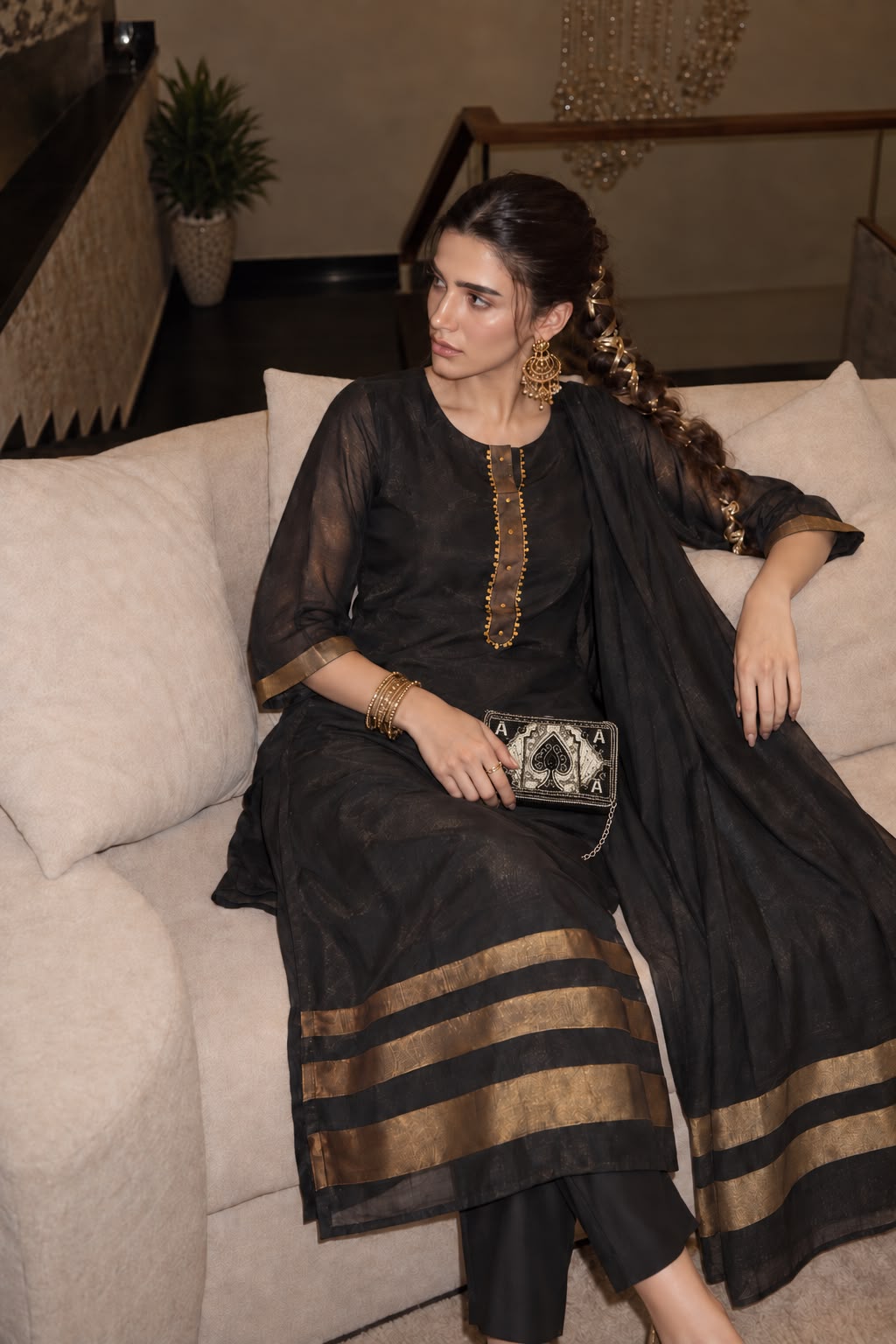 Designer heavy black n gold suit crepe suit set with bag