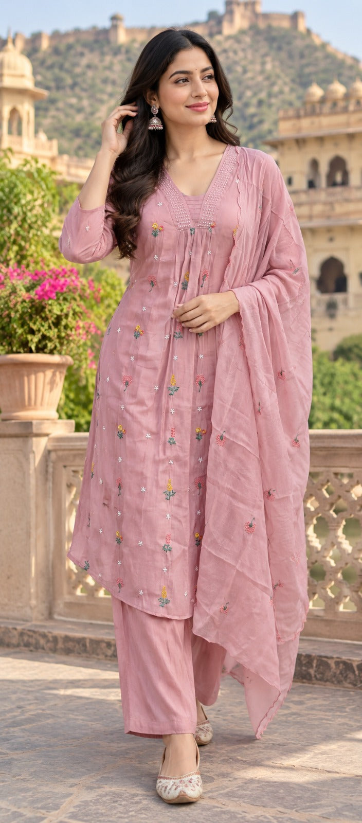 Pretty embroidered Mul chanderi suit set in pink