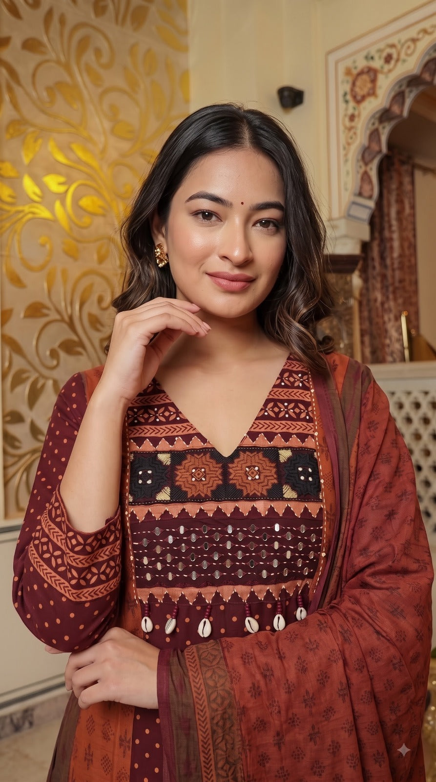 Pretty cotton modal with designer back n real mirror suit set