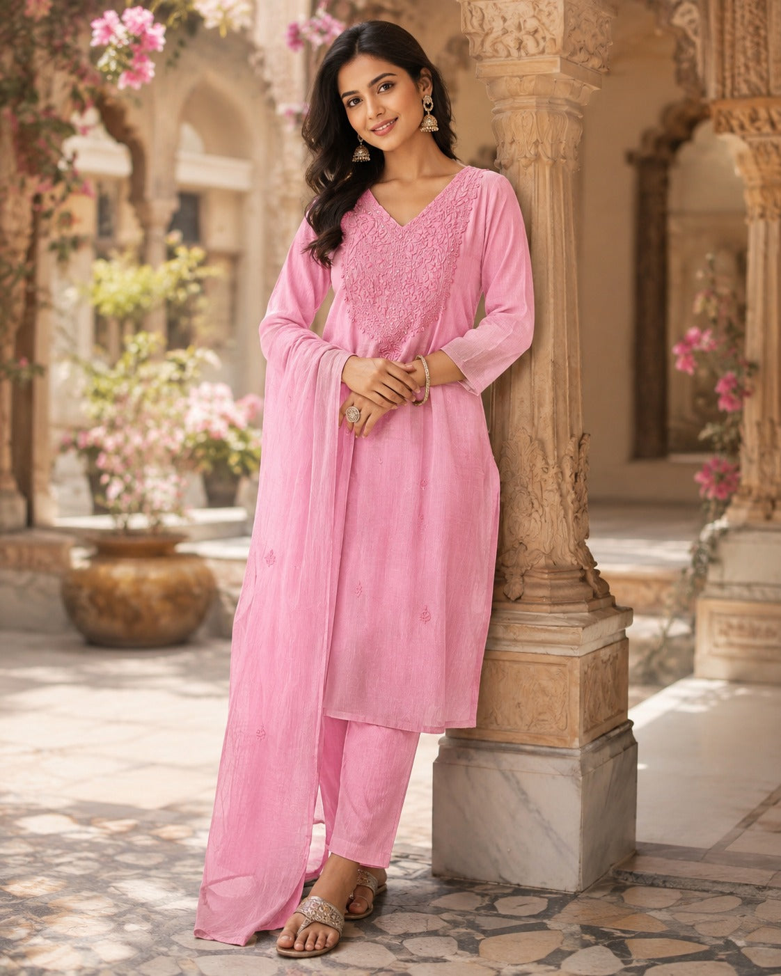 Premium crush cotton chikankari suit set in pink