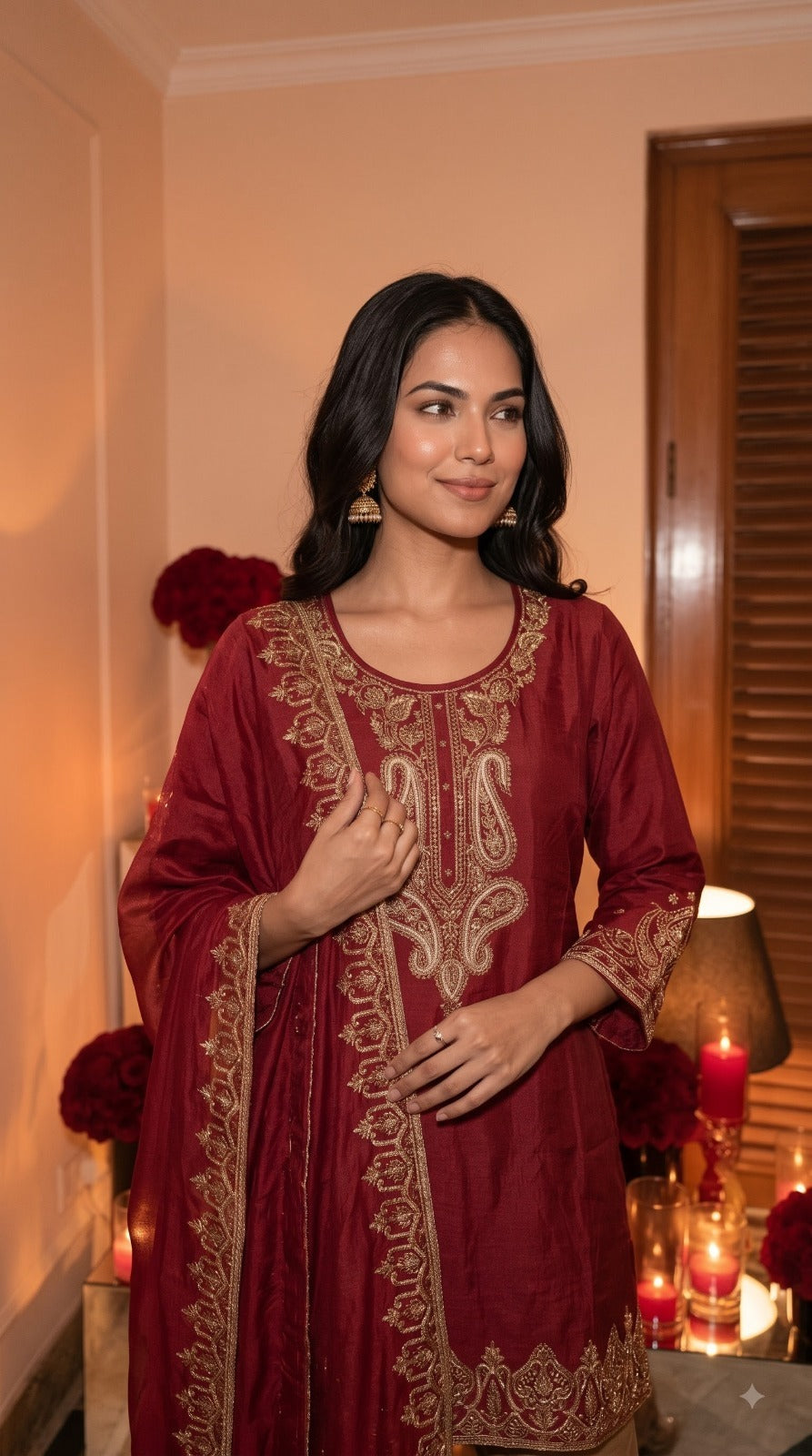 Wow pretty silk with intricate zari detailing suit set in beige n red