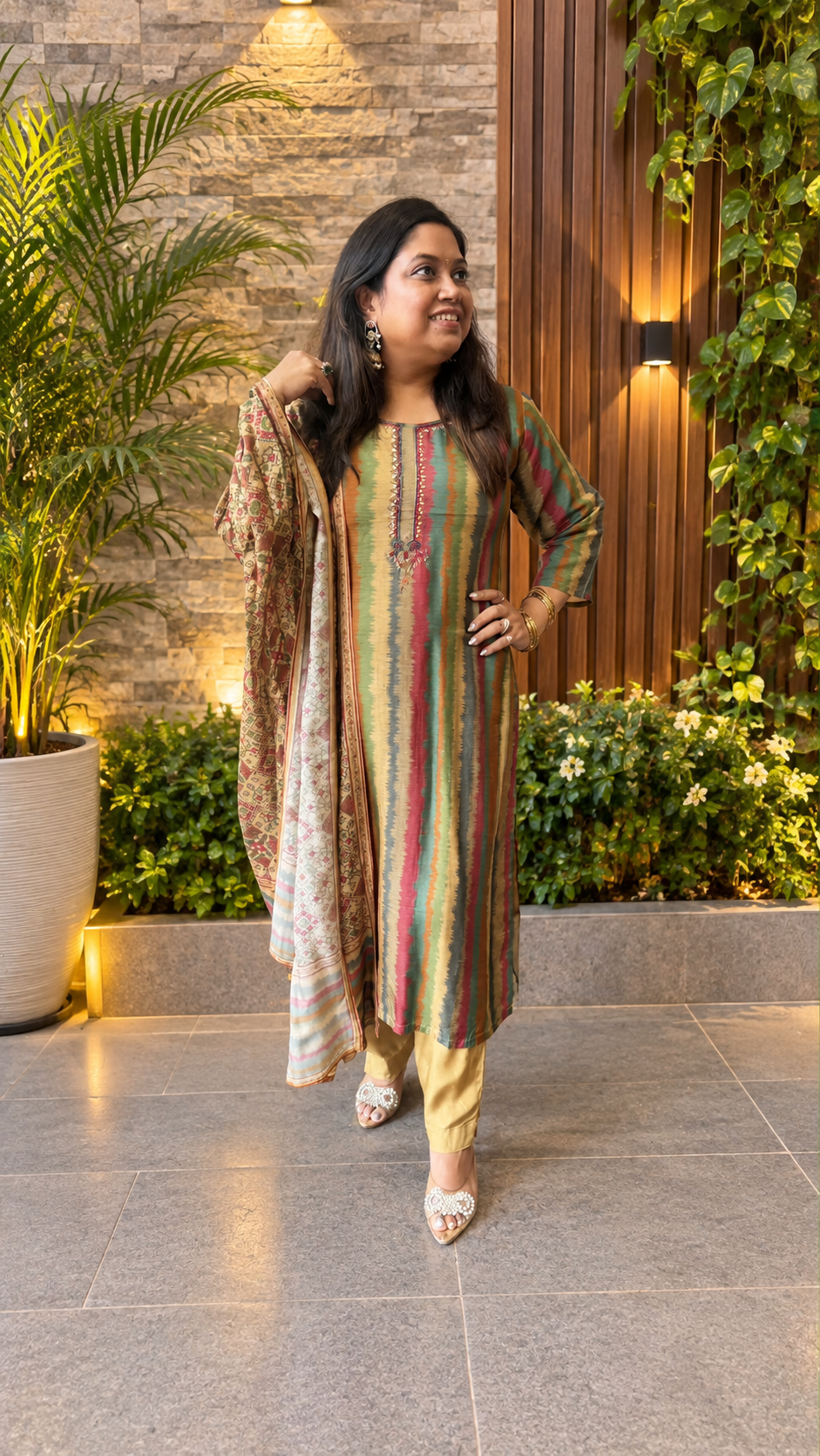 Premium Russian silk multi suit set paired with kalamkari dupatta