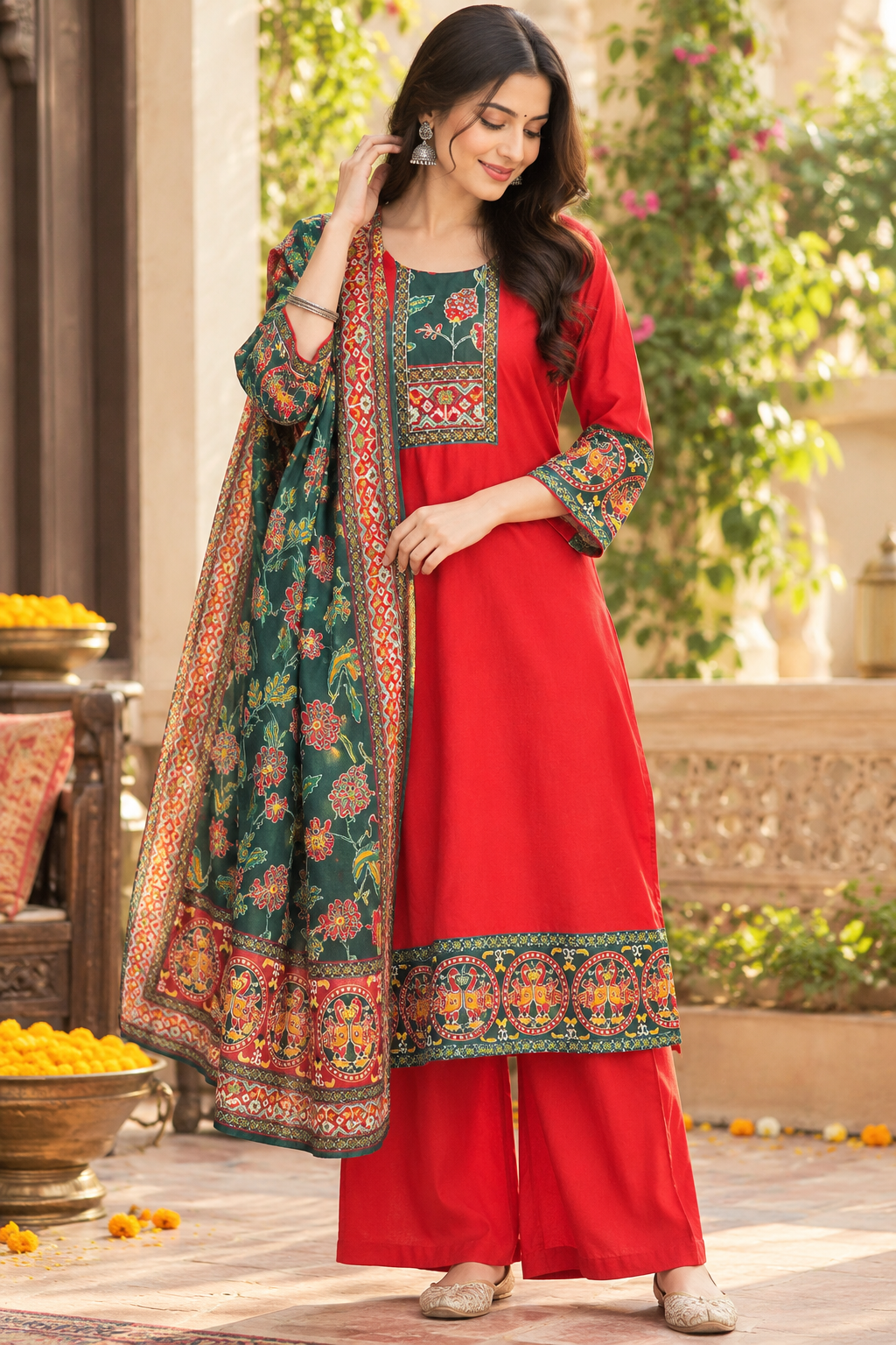 Premium Russian silk Patola red n green