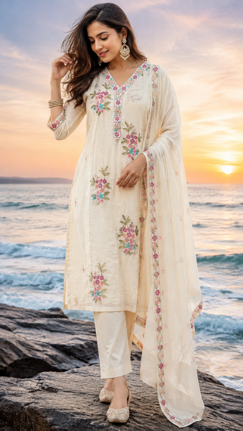 Pure Mul cotton embroidered suit set in cream colour