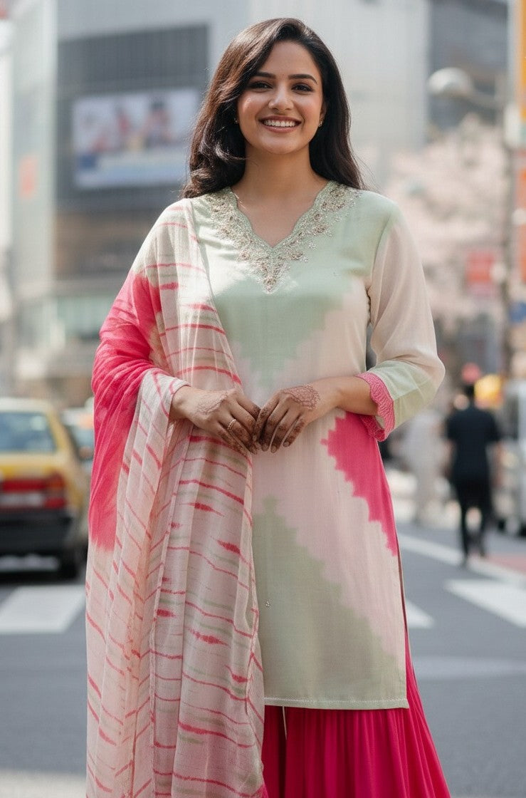 Mul silk sharara set in green n pink