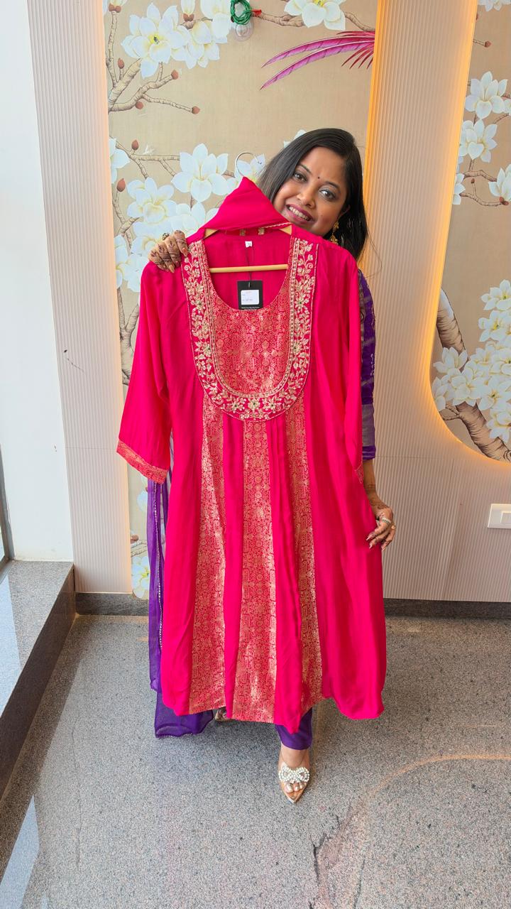 Premium dola silk with brocade with zardosi handwork full suit set in rani pink