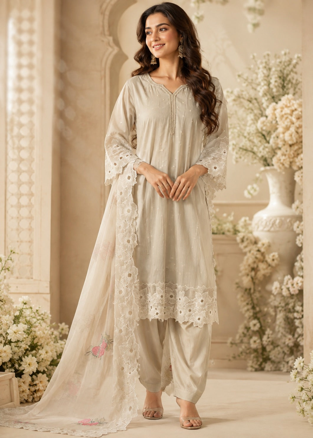 Super gorgeous linen cotton cutwork suit set