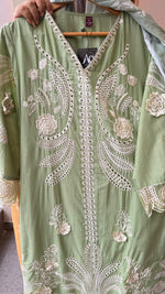 Cotton chanderi Hakuba lining suit set in ming green with lace detailing