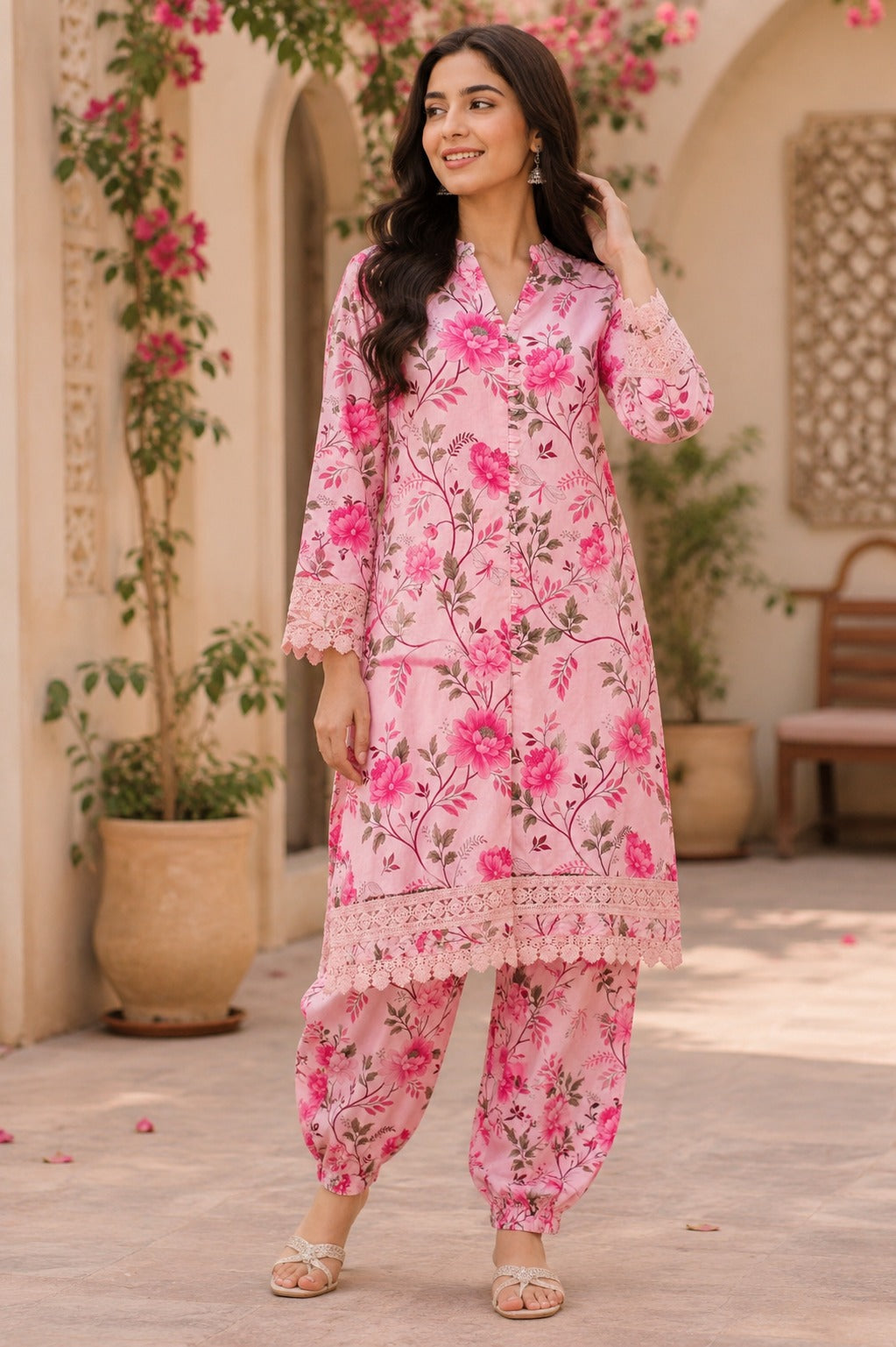 Super pretty cotton lace detailing suit set paired with Afghani pants in pink