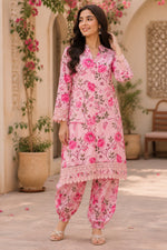 Super pretty cotton lace detailing suit set paired with Afghani pants in pink