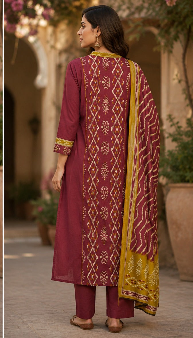 Pure cotton front n back Ikkat panel full suit set