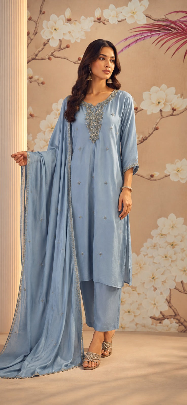 Pure crepe silk handwork full suit set