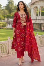 Pretty red gotta detailing silk bandhani red suit set