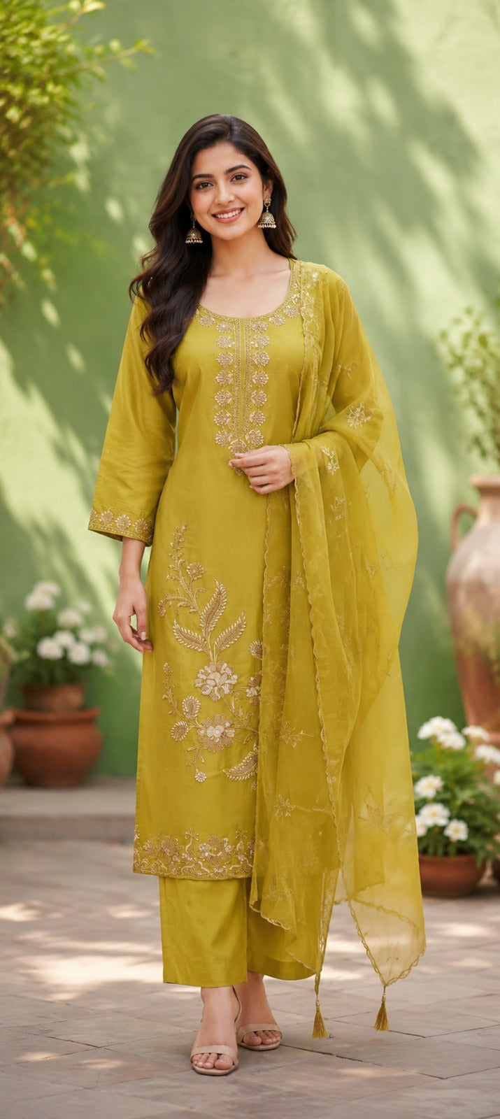 Pretty Mul chanderi zari applique suit set in green