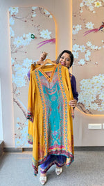 Premium smart pure crepe co ord set in yellow n blue