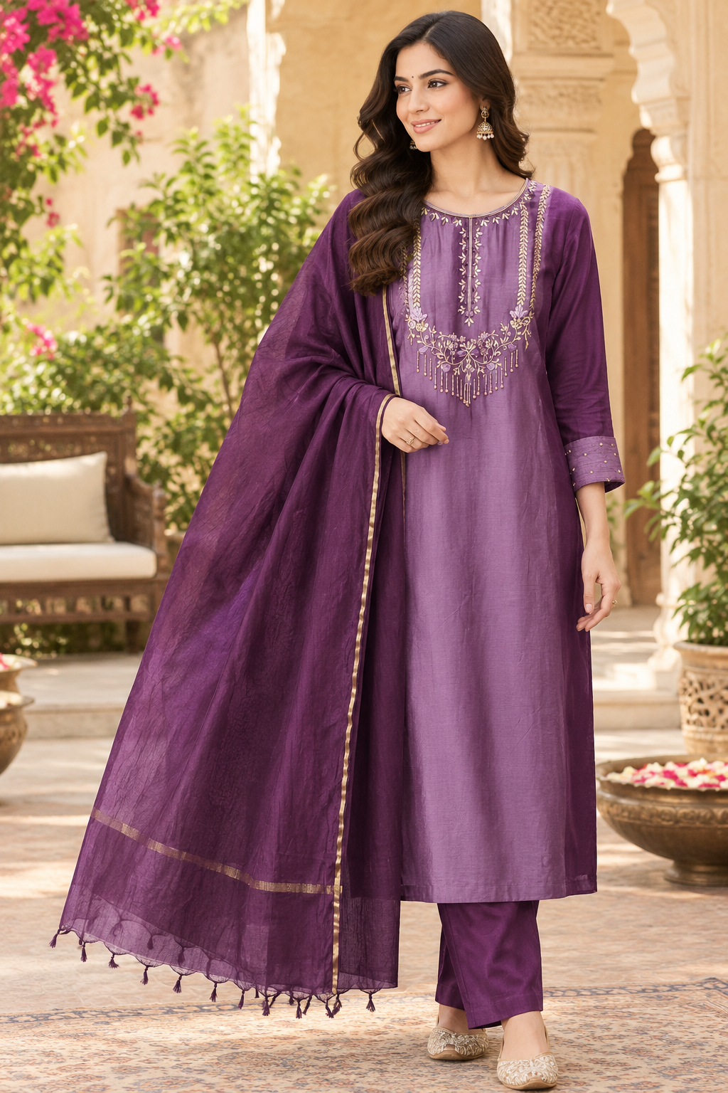 Pure Banarasi Mul chanderi suit set in purple