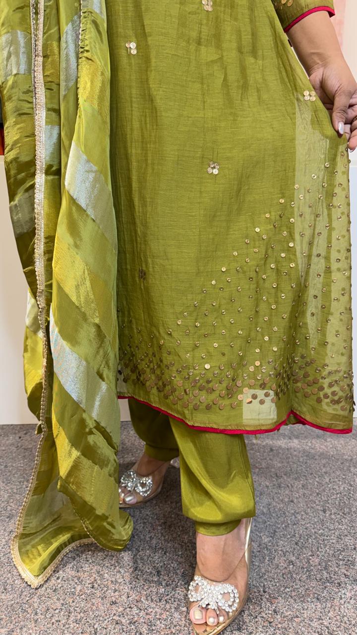 Bestselling pure Mul chanderi suit set with handwork in green