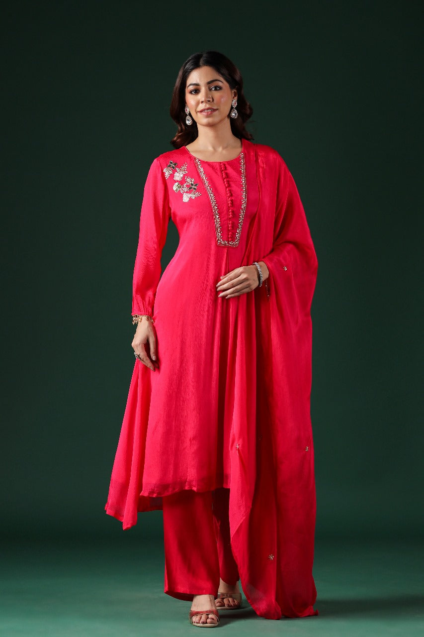 Rani pink hand work pure chinon full suit set