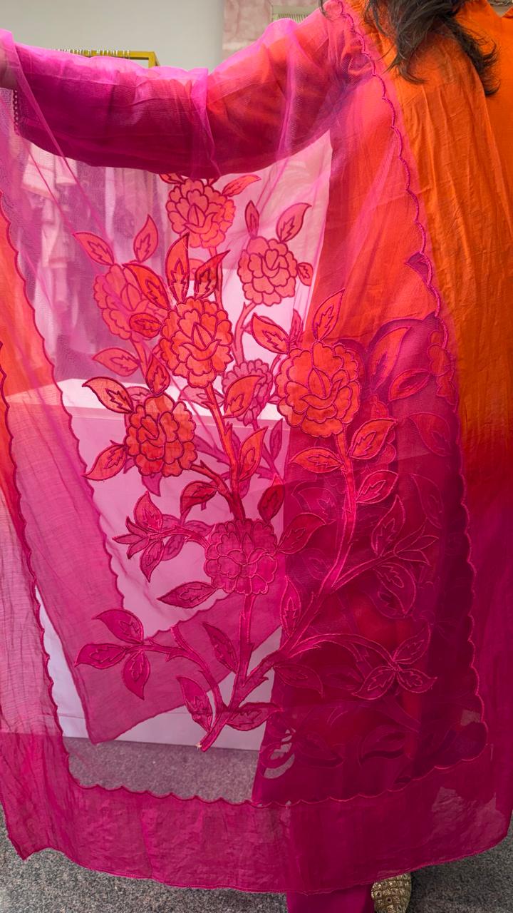 Mul silk lining suit set ombré with applique (slim fit) in orange n pink