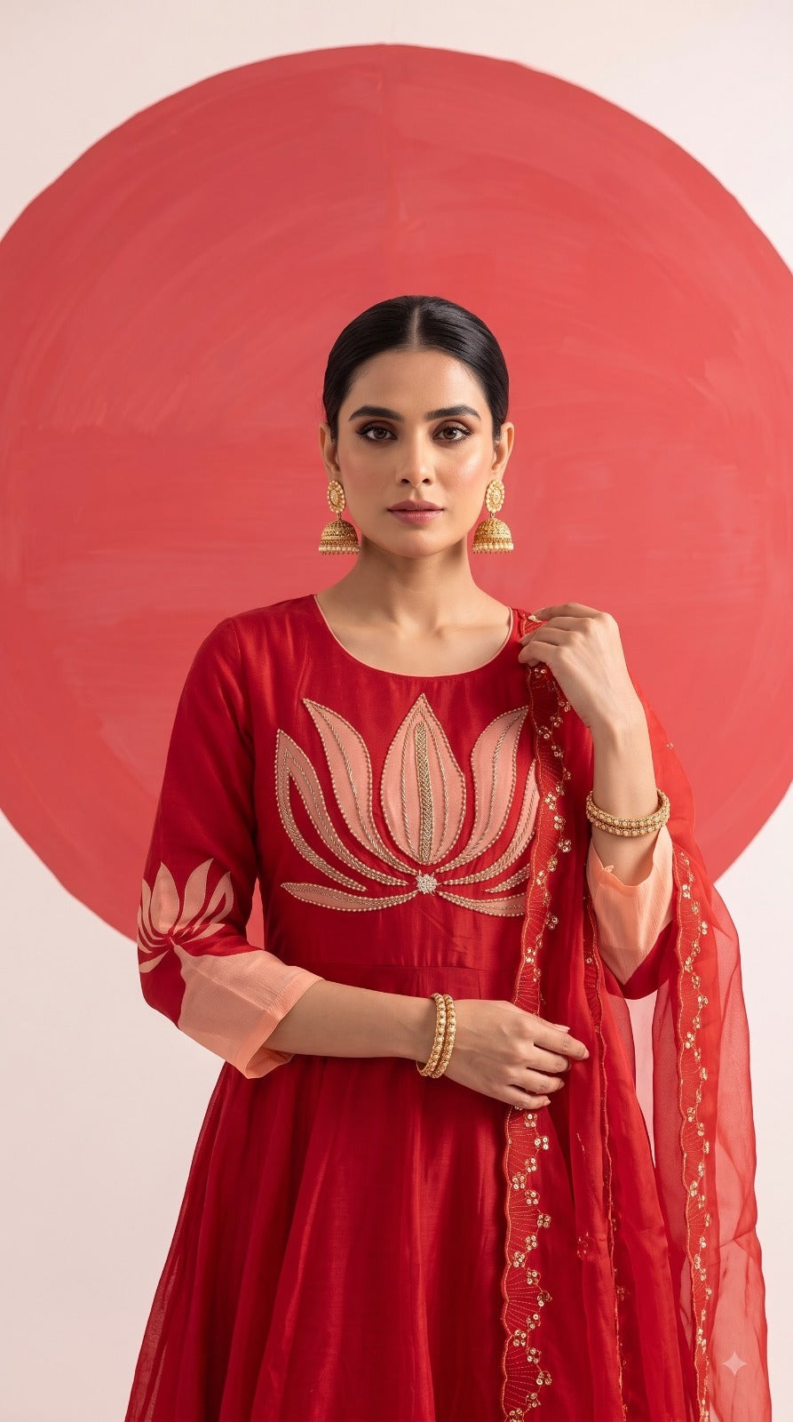 Premium chinon designer zardosi handwork Anarkali suit set in red n pink