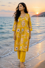Pure cotton V neck floral kurta in yellow