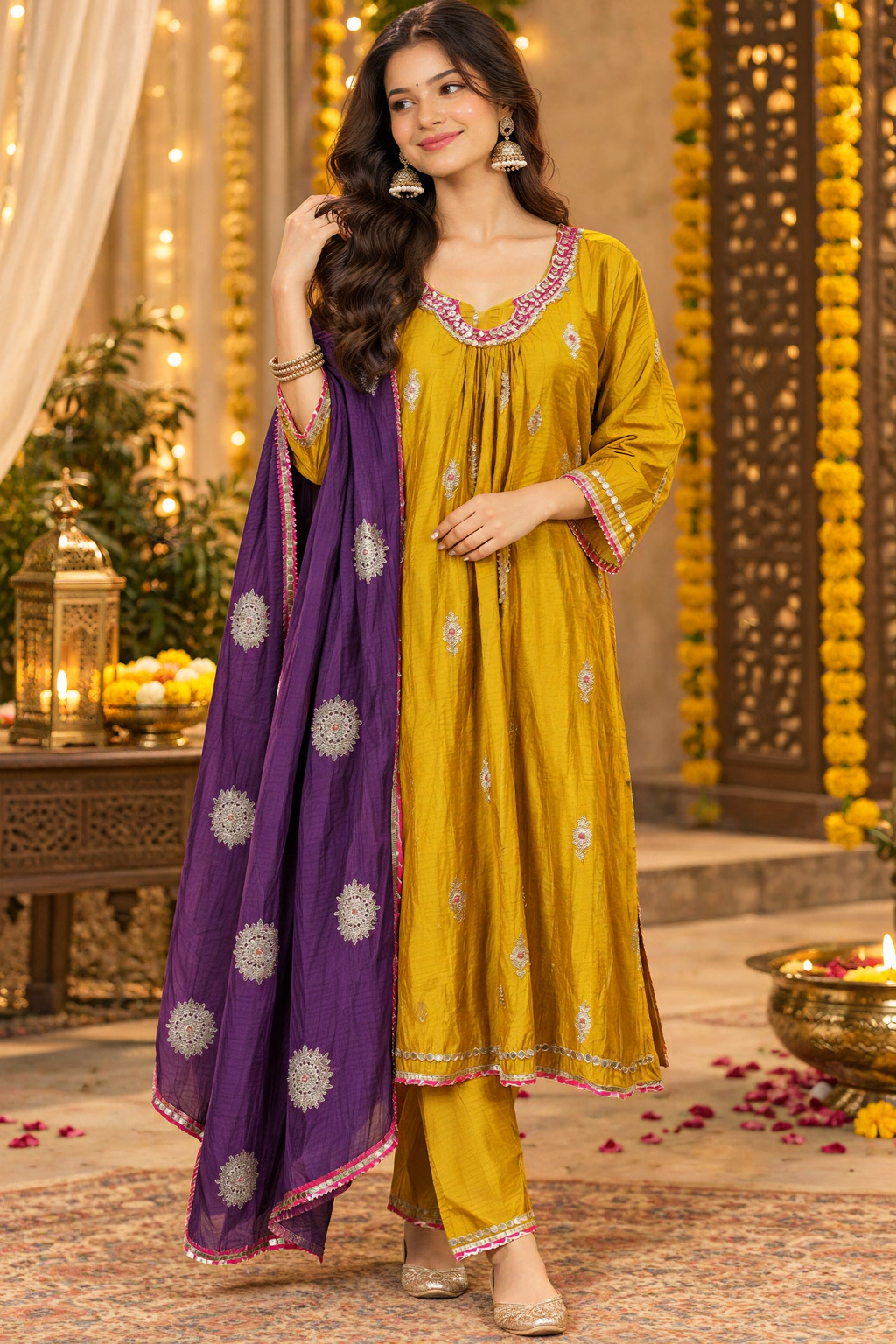 Premium Mul chanderi in contrast dupatta full zari work in yellow n purple