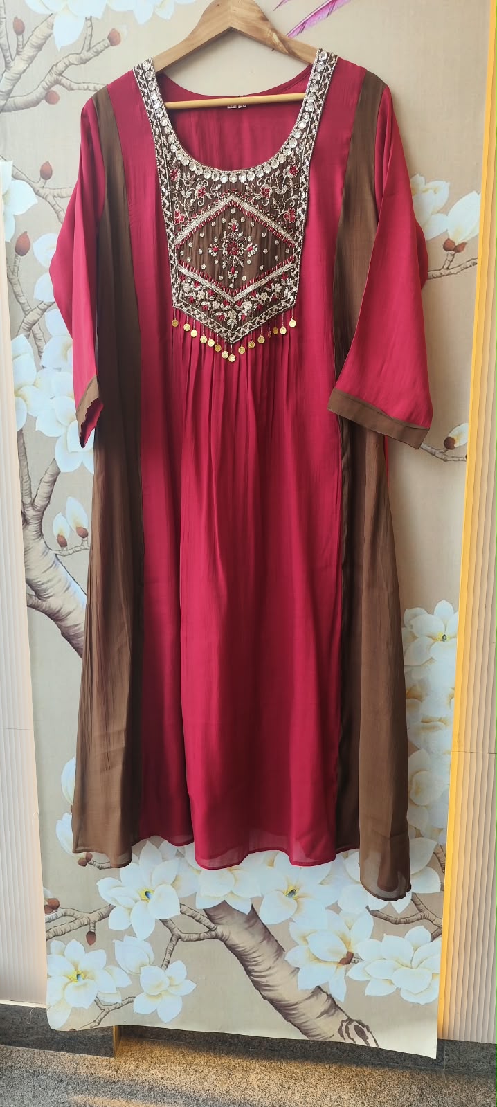 Pretty Mul chanderi two tone suit set in red n brown