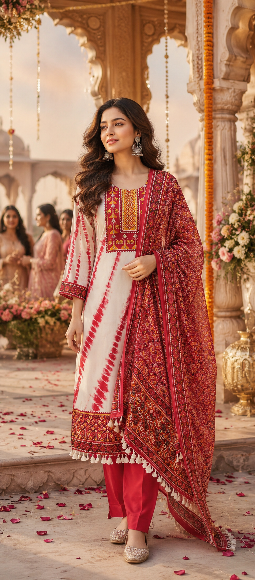 Pretty crepe lining full suit set in red paired with Patola dupatta (true to size )