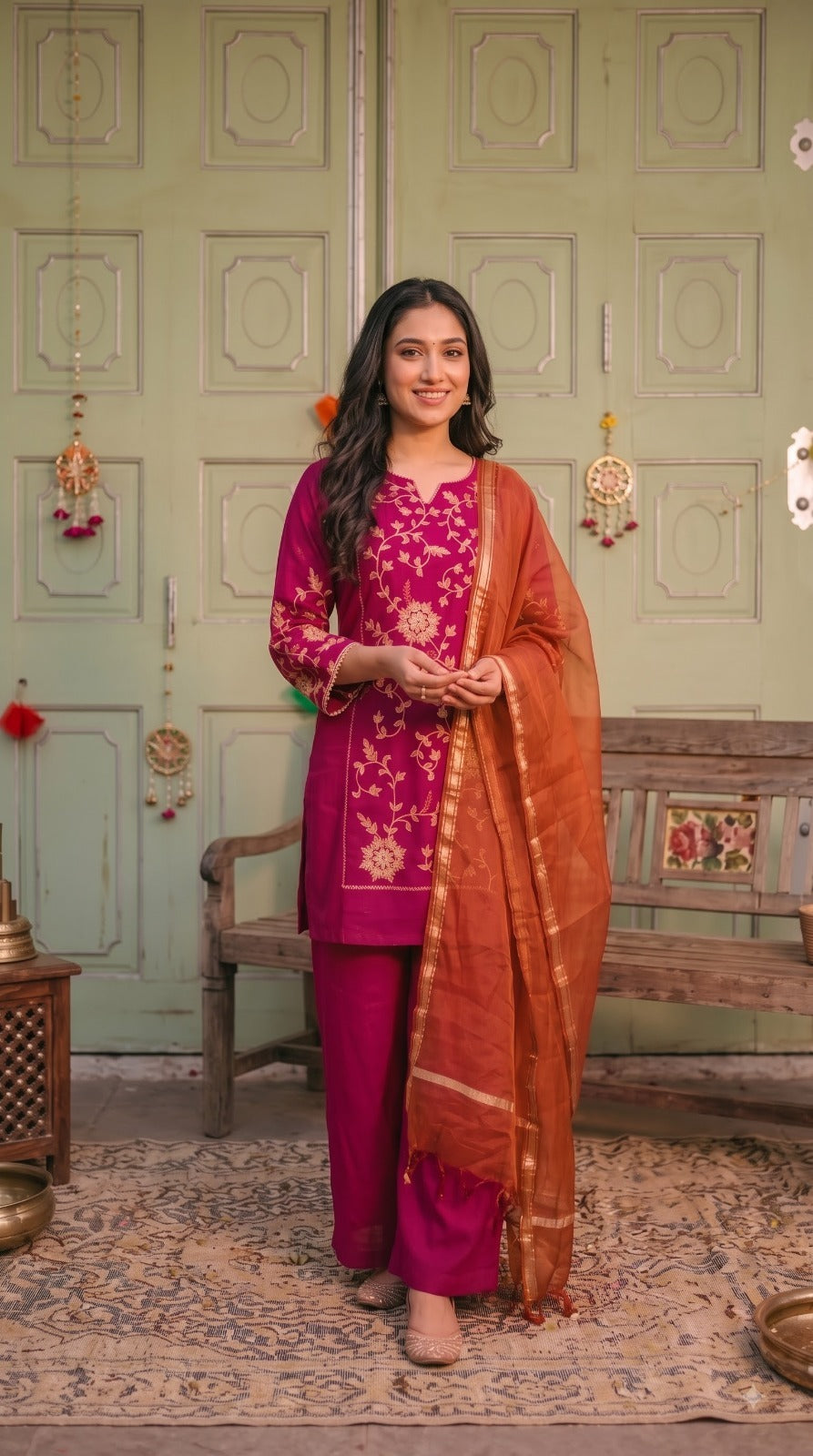Zari embroidered banarsi super soft Mul chanderi lining full suit in pink(dupatta may be orange or pink )