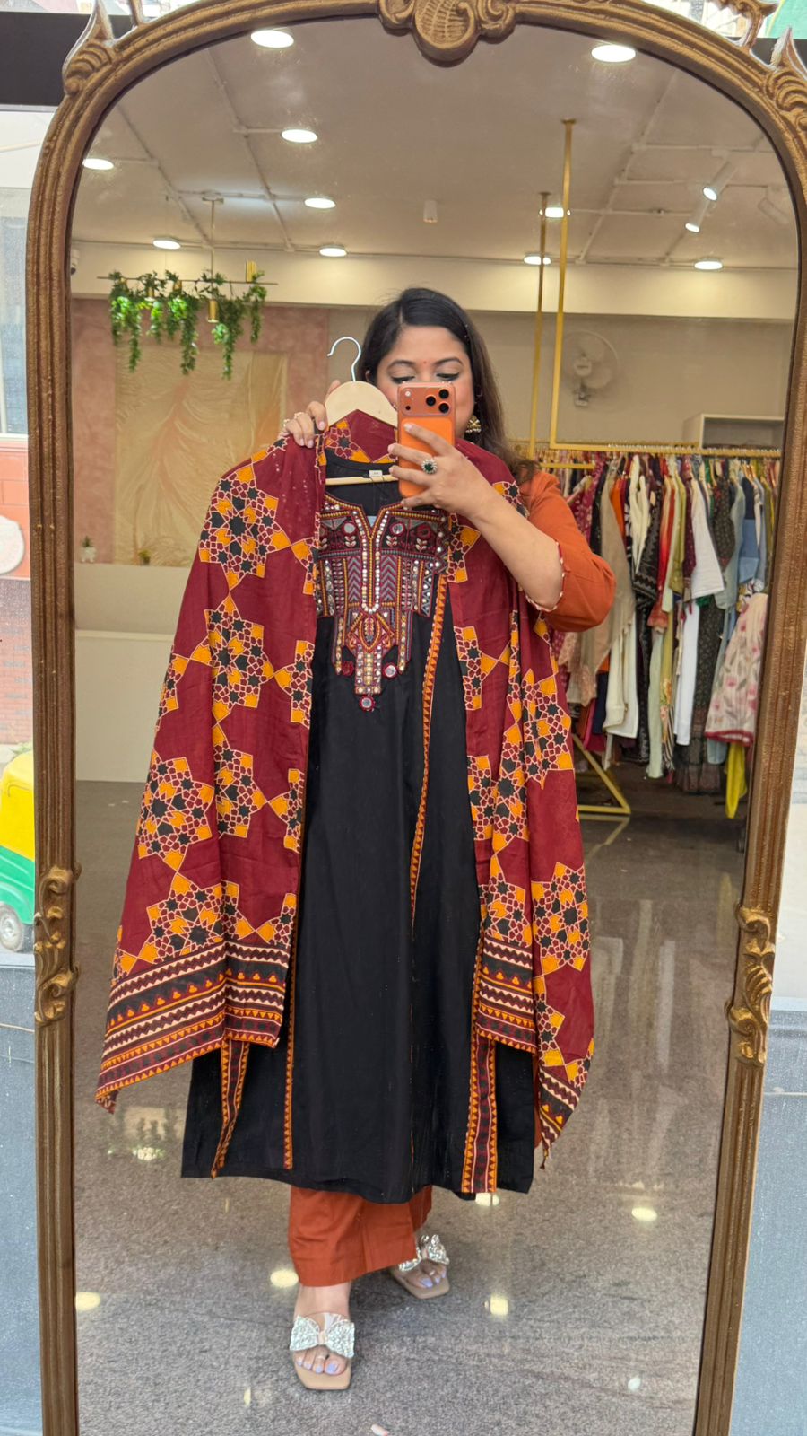 Premium cotton real mirror suit set in black n red