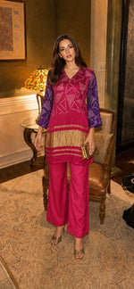 Premium gaji silk lakri patta bandhani co ord in pink n purple