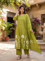 Premium cotton embroidered suit set in green