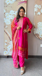 Premium gaji silk pink n orange bandhani suit set with Mul lining