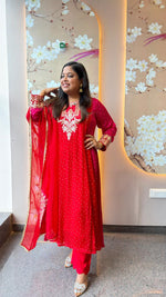 Super pretty premium chinon red n orange bandhani full suit set with gotta detailing