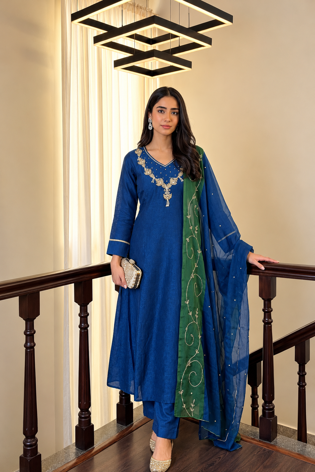 Premium Mul chanderi in blue n green with premium handwork suit set