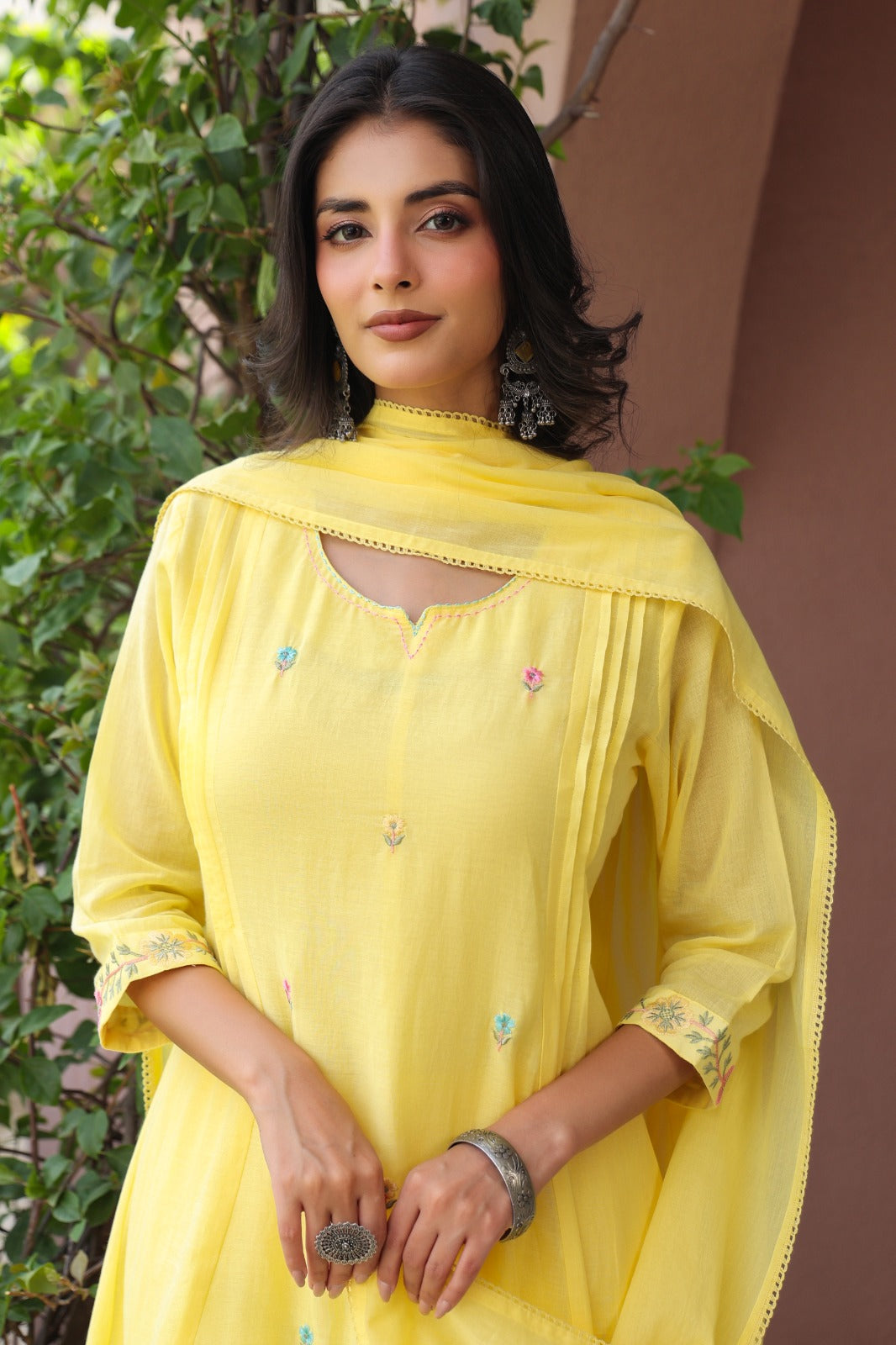 Pure Mul cotton embroidered full suit set in yellow