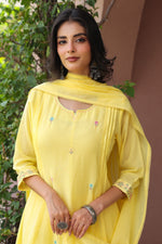 Pure Mul cotton embroidered full suit set in yellow