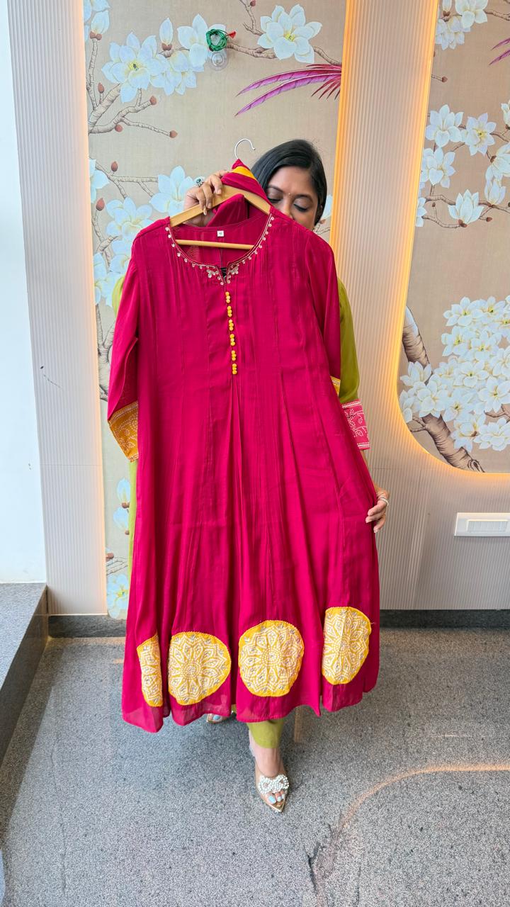 Pink mulchanderi Anarkali suit set