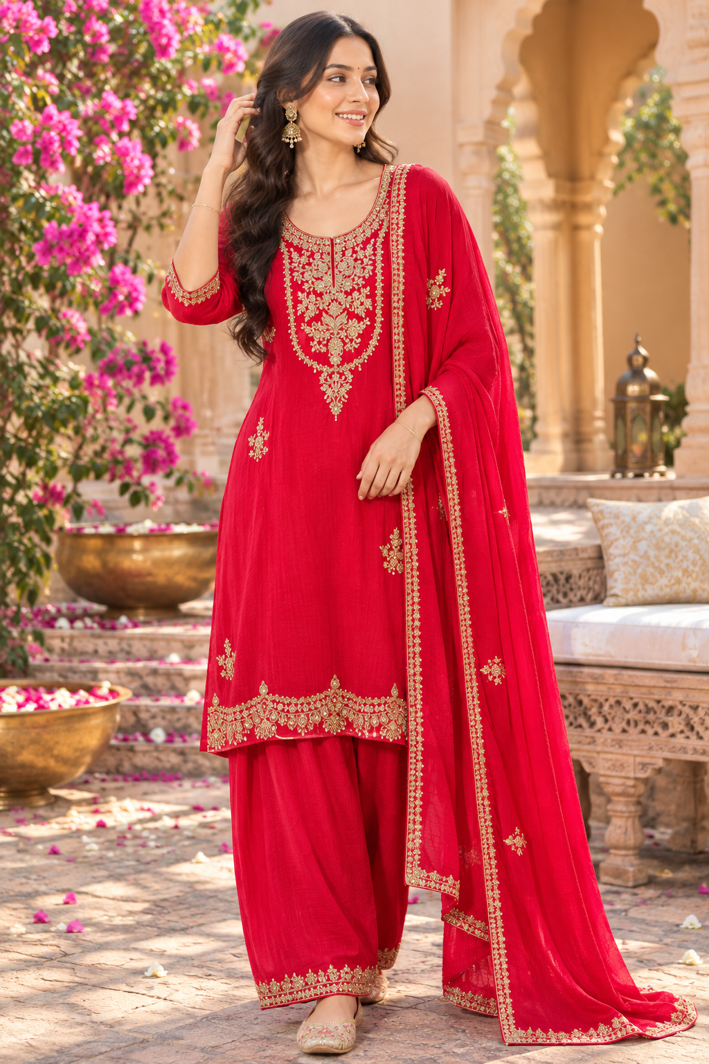 Premium chinon hand work suit in red