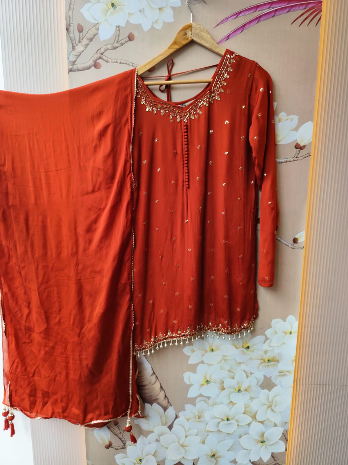 Premium chinon heavy handwork sequins and mirror work full suit in orange