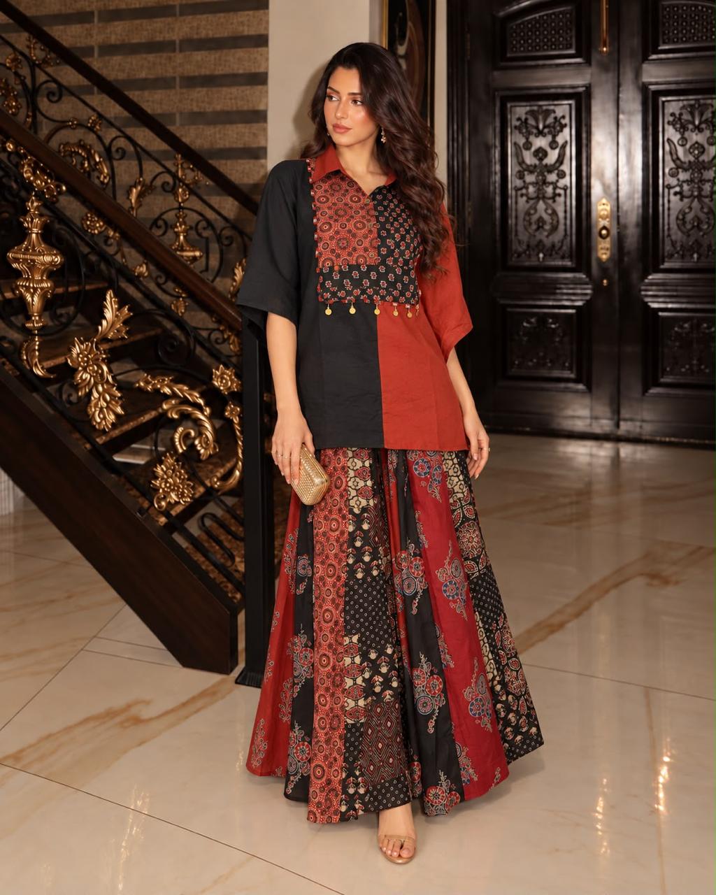 Pretty kaftan top paired with skirt in red n black